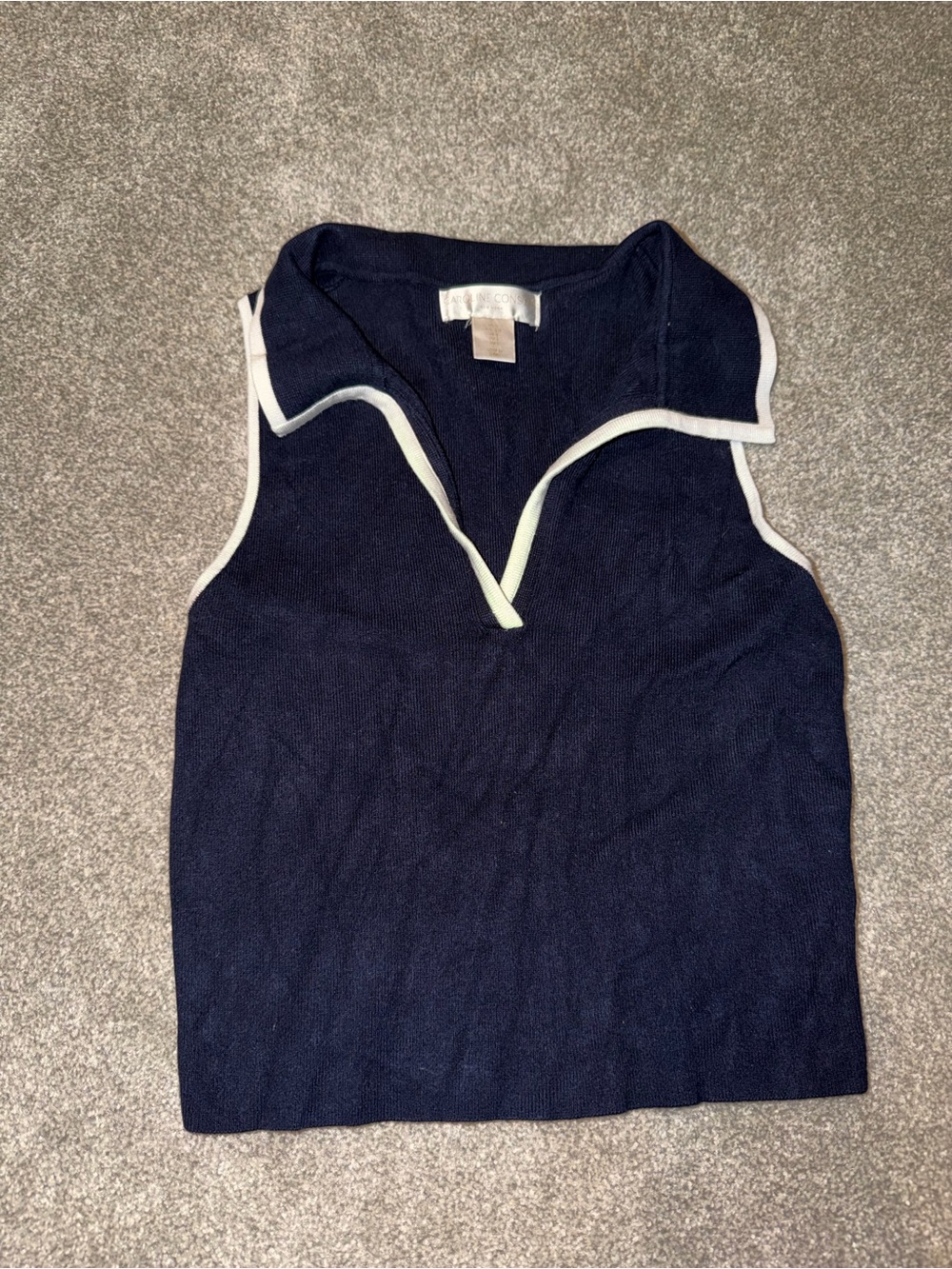 Navy Sleeveless Knit Polo Sweater with White Trim